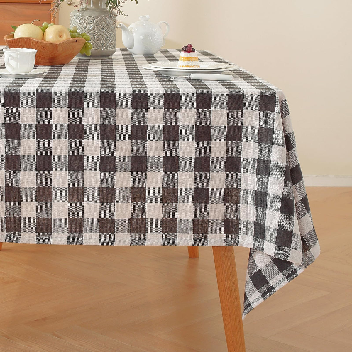 Alsoo Checkered Tablecloth Rectangle Washable Buffalo Plaid Table Cloth Cotton Linen Gingham Table Cover for Picnic Kitchen Dining Room, Beige and White, 60 * 75
