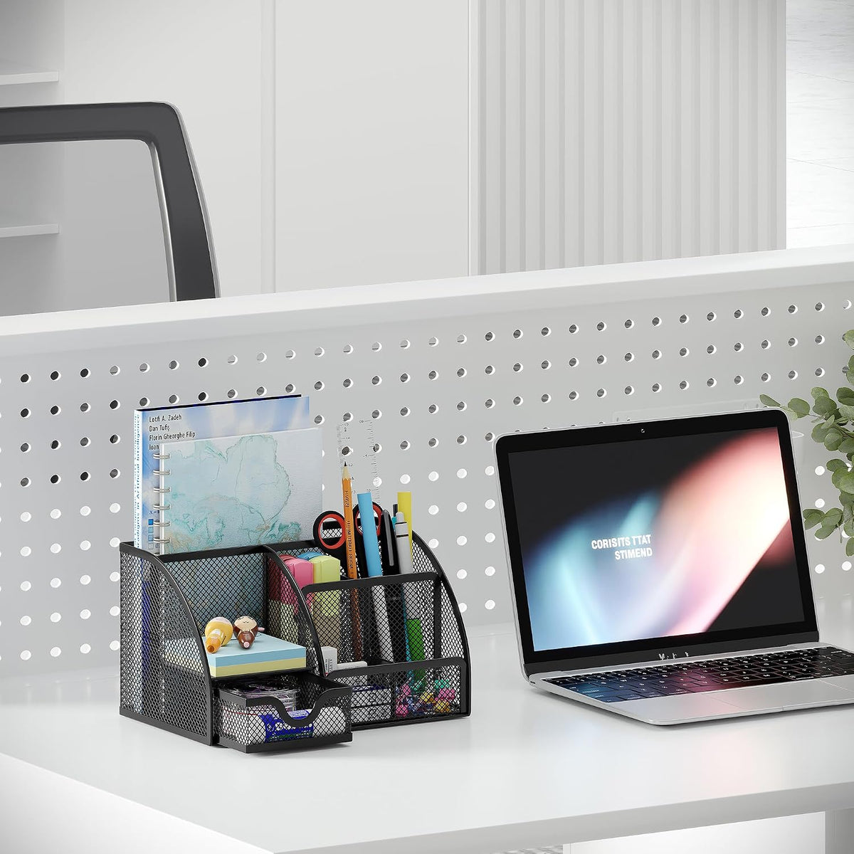 EasyPAG Mesh Desk Organizer with Drawer Multi-functional Pen Holder Stationery Organizer for Office School Supplies 6 Compartments Dorm Organizers and Storage for Desk, Black