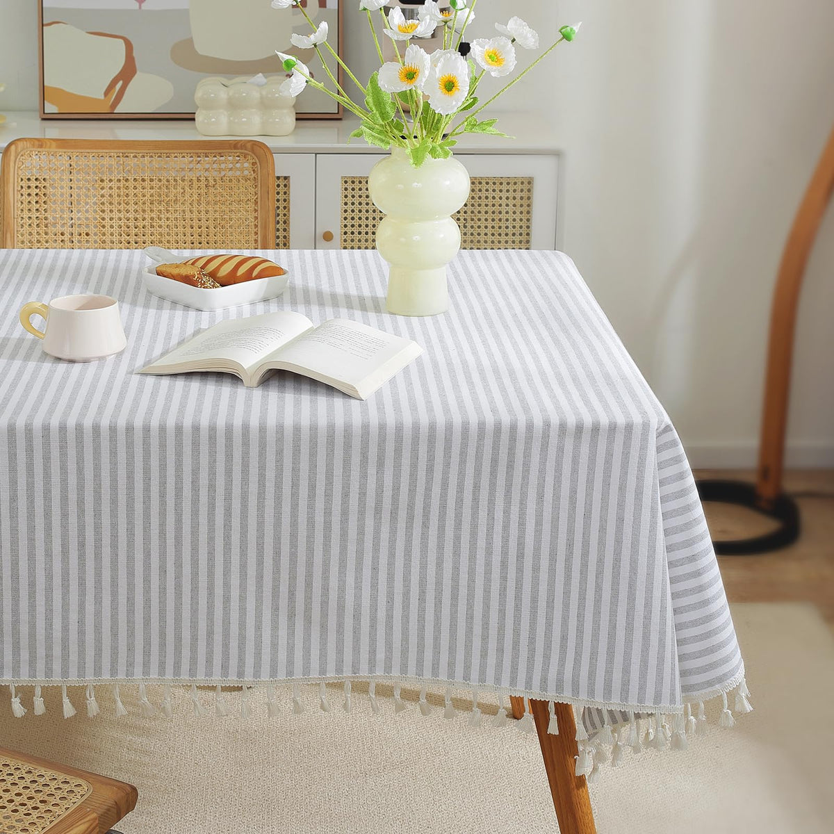 meioro Table Cloth Blue White Striped Tablecloth Tassels Cotton Blend Dust-Proof Table Cover for Dining Coffee Buffet Kitchen Picnic Tables, Parties Indoor Outdoor Square Tablecloths (36x36 Inch)