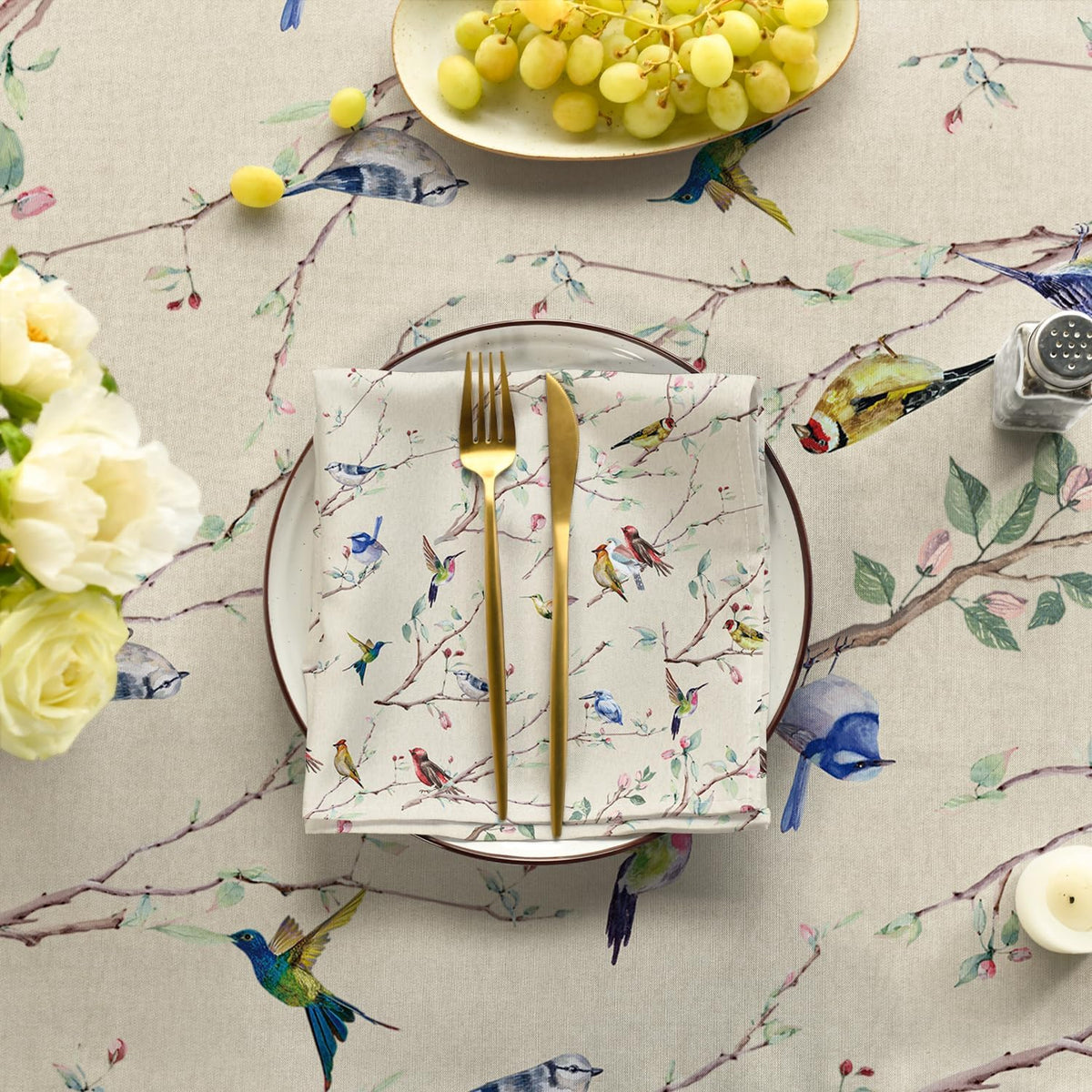 Horaldaily Spring Tablecloth 60 x 84 Inch Rectangular Birds Branch Beige