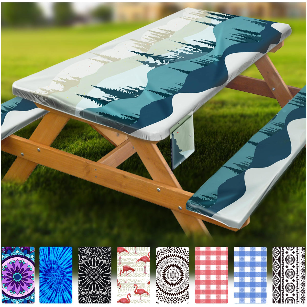 Fitted Picnic Table Cover with Bench Covers Vinyl Waterproof Elastic Edges Fitted Rectangle Tables Patio Tablecloth Camping Gear and Essentials Rv Accessories Road Trip Supplies Car Travel Must Haves