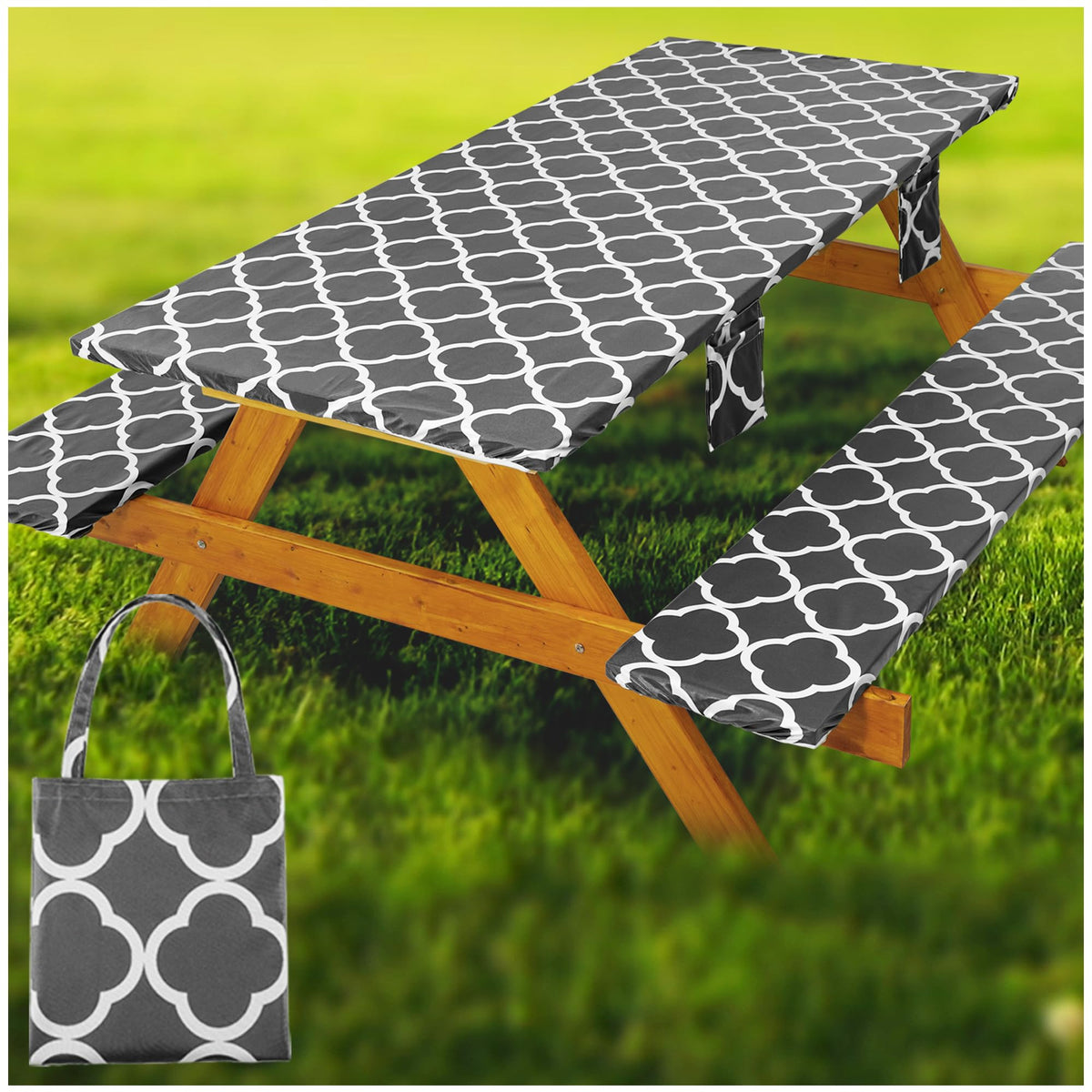 Fitted Picnic Table Cover with Bench Covers Vinyl Waterproof Elastic Edges Fitted Rectangle Tables Patio Tablecloth Camping Gear and Essentials Rv Accessories Road Trip Supplies Car Travel Must Haves