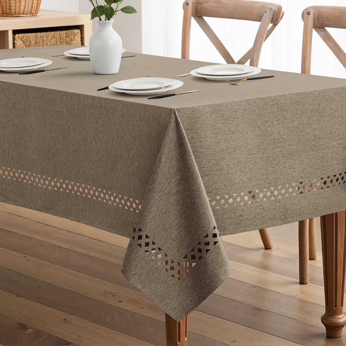 MIULEE Beige 60 Inch Round Linen Tablecloth with Decorative Cutouts