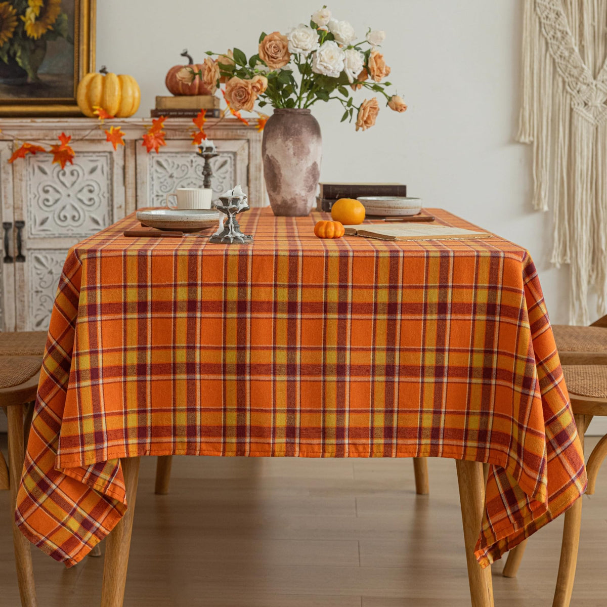 AQOTHES Plaid Fall Tablecloth Thanksgiving Rectangle 60x84 Inch Rust