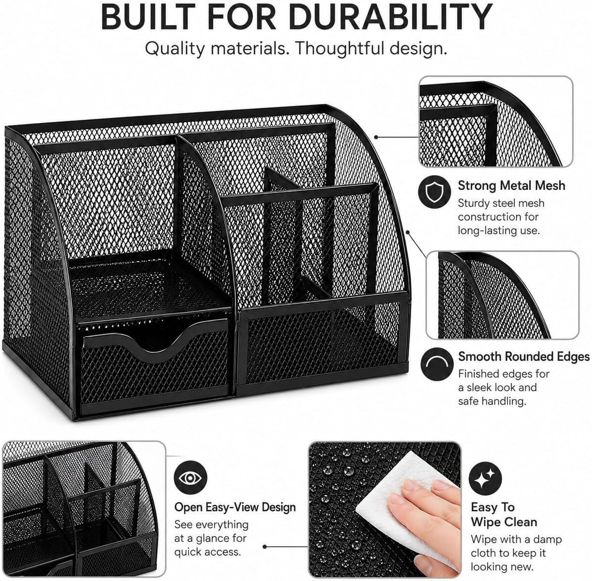 Exerz Desk Organizer 7 Compartment Pencil Holder Office Tidy Caddy Black