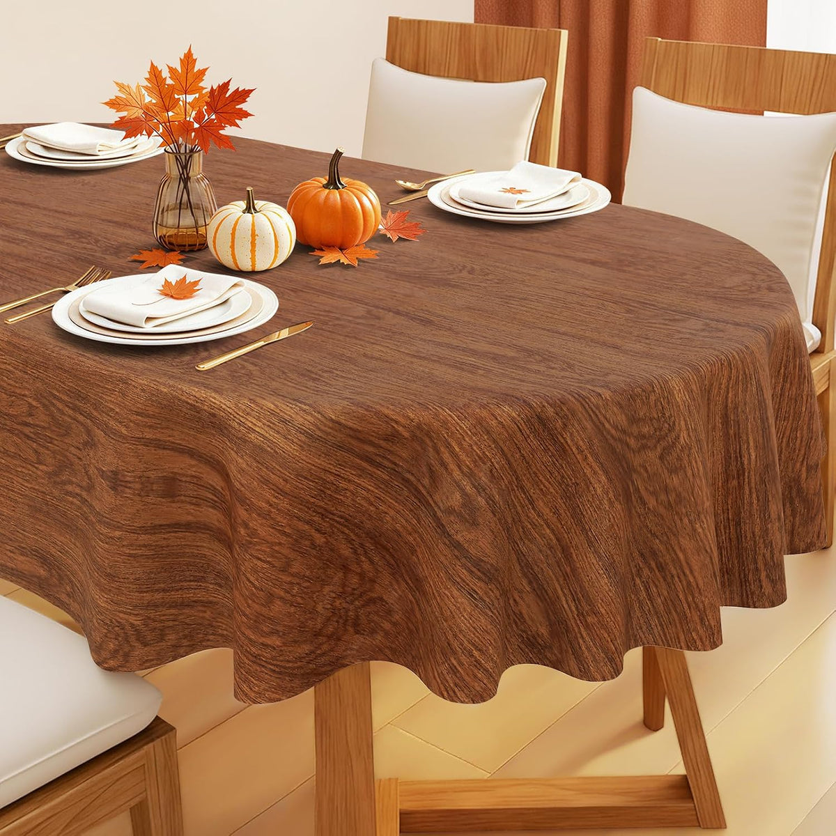 Smiry Rectangle Table Cloth, Waterproof Vinyl Tablecloths with Flannel Backing, Wipeable Spillproof Plastic Wood Grain Table Cover for Dining, Indoor and Outdoor (Beige, 60 "x 84")