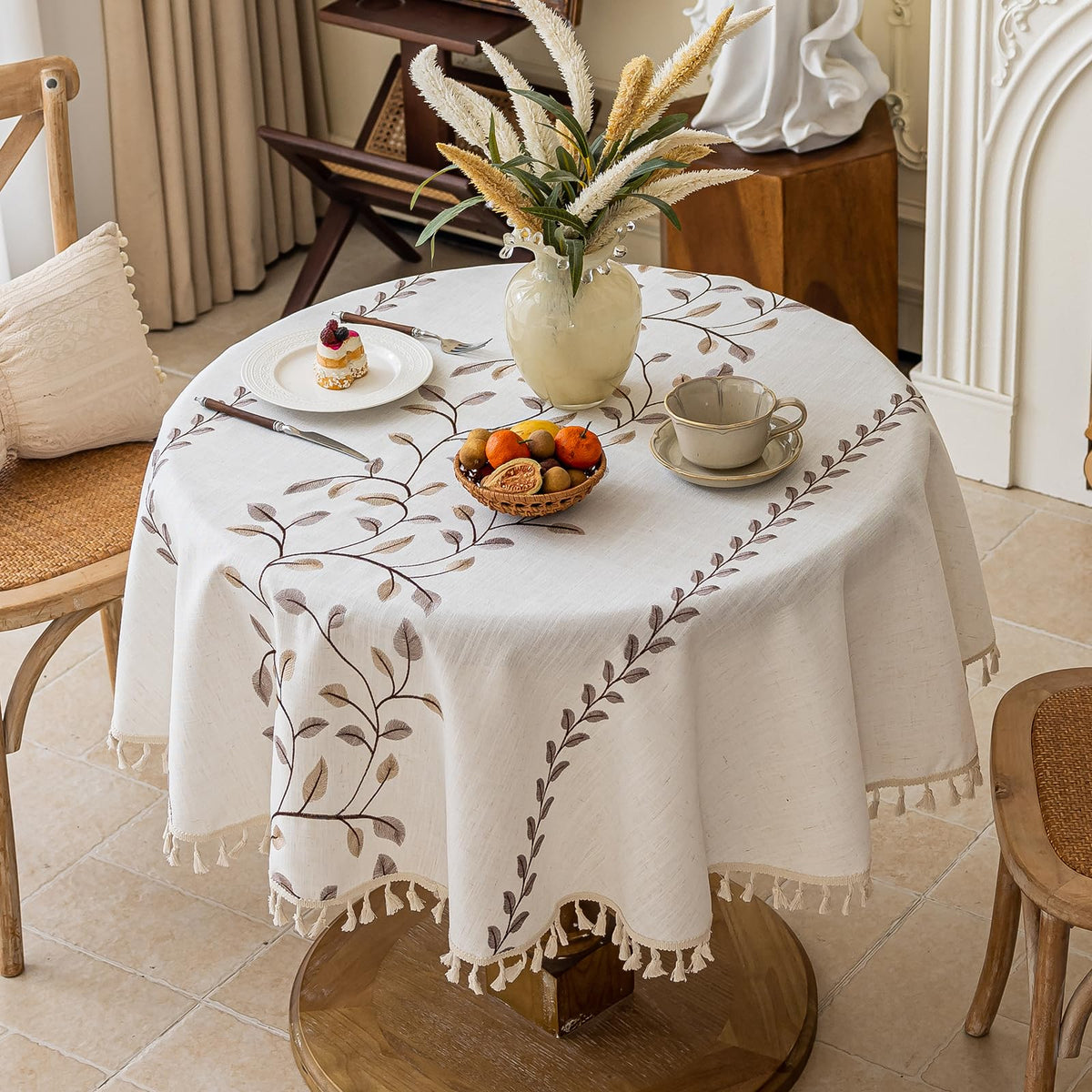 Joyfol Day Rustic Waterproof Linen Tablecloth, Heavy Weight Fern Embroidery Table Cloths for Rectangle Tables, Farmhouse Spill-Proof Table Covers with Tassels, Blue 55''x 70''