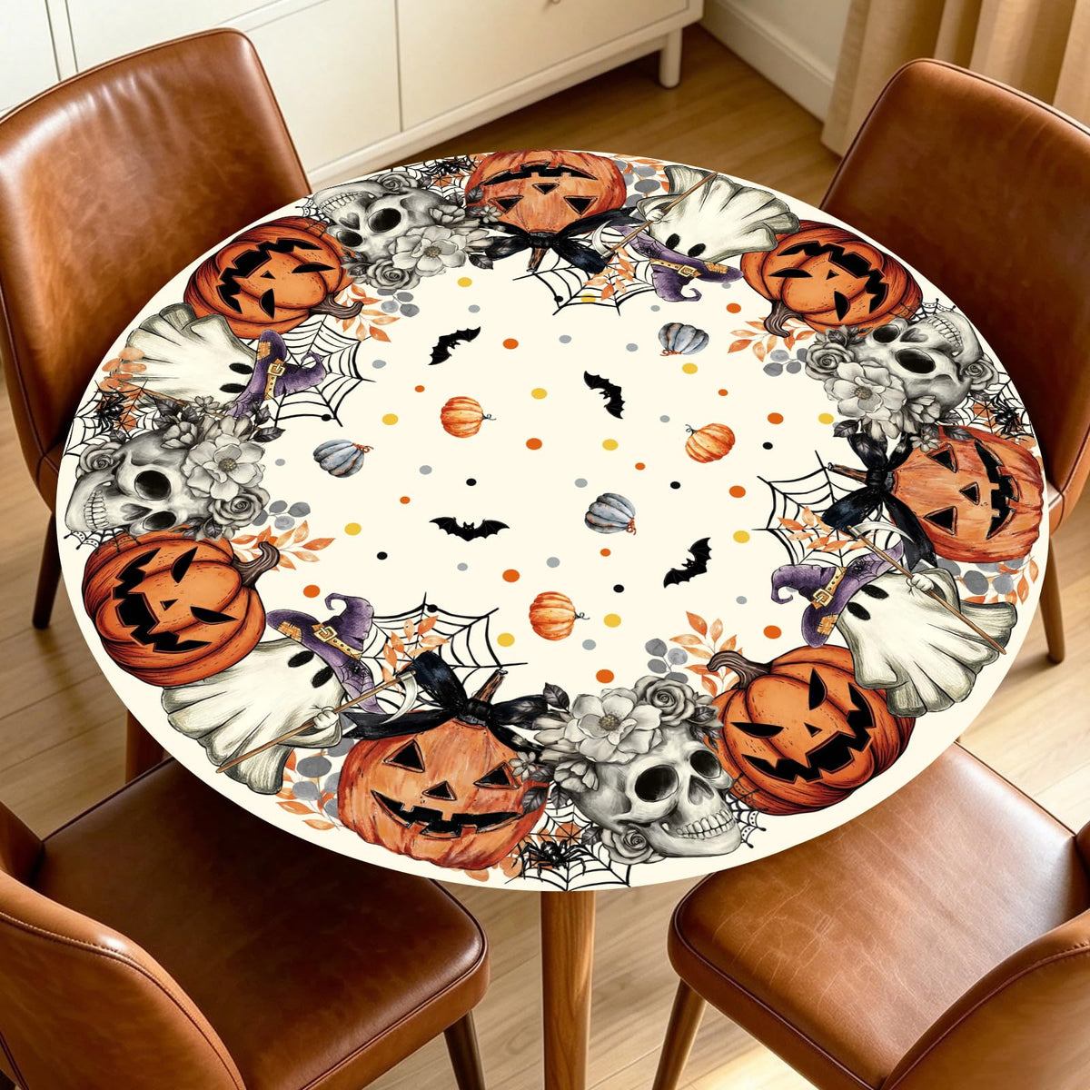 Fall Round Fitted Tablecloth with Elastic Edge Orange Blue White Thanksgiving Pumpkin Table Cover 40-44 Inch Autumn Leaf Washable Table Cloth for Kitchen Dining Room Party Decor
