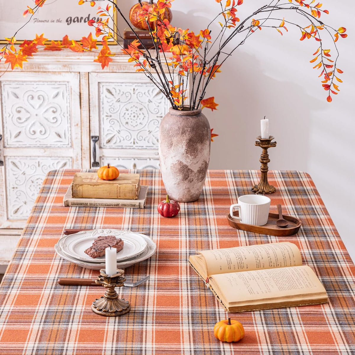 AQOTHES Plaid Fall Tablecloth Thanksgiving Rectangle 60x84 Inch Rust