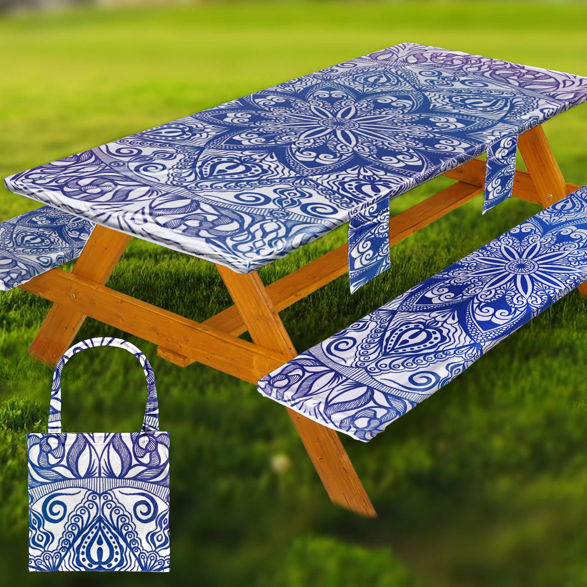 Fitted Picnic Table Cover with Bench Covers Vinyl Waterproof Elastic Edges Fitted Rectangle Tables Patio Tablecloth Camping Gear and Essentials Rv Accessories Road Trip Supplies Car Travel Must Haves