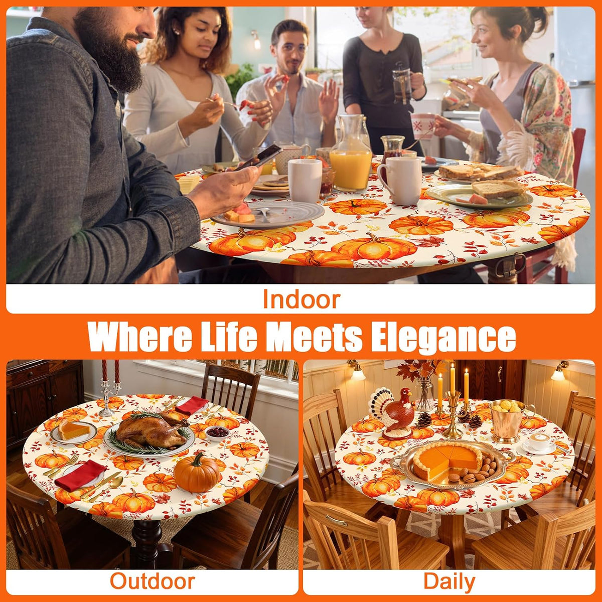 Smiry Thanksgiving Round Spandex Tablecloth, Fitted Cover for 36"-44" Table