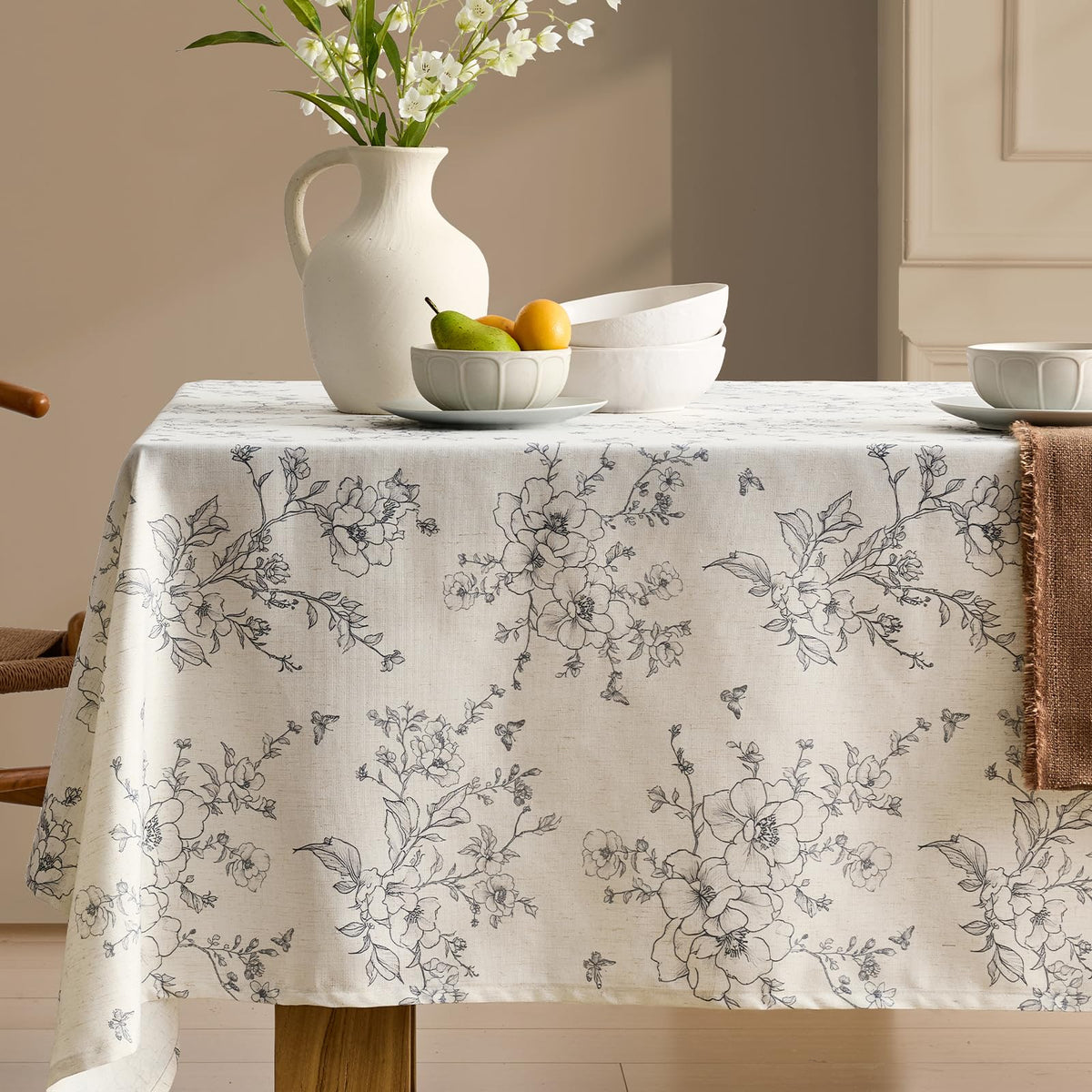 Green Floral Tablecloth Vintage French Rustic Linen Tablecloth Rectangular