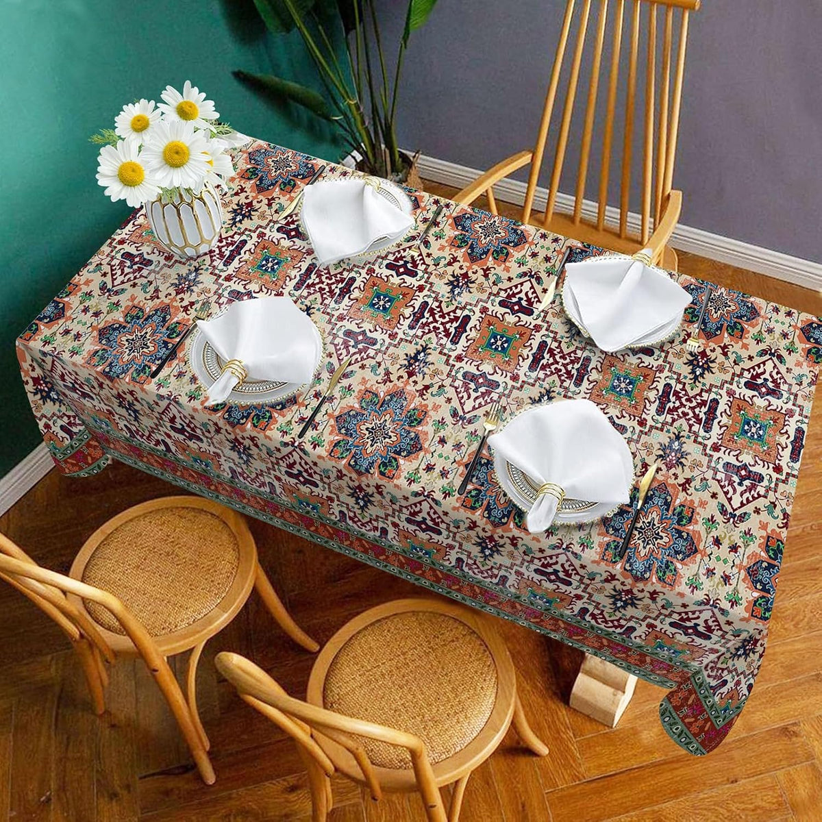 Hexagram Boho Tablecloth 60x84 Inches Rectangle, Bohemia Style Tablecloth
