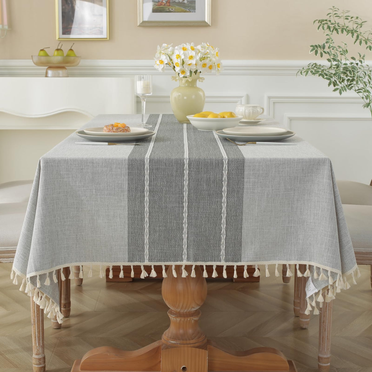 Alsoo Fall Tablecloth Rectangle Linen Style, Rustic Boho Farmhouse Outdoor Waterproof Cotton Table Cloth Wrinkle Free for Picnic Camping Party Kitchen Dining (Coffee Lines, 4-6 Seats, 55x75 Inches)