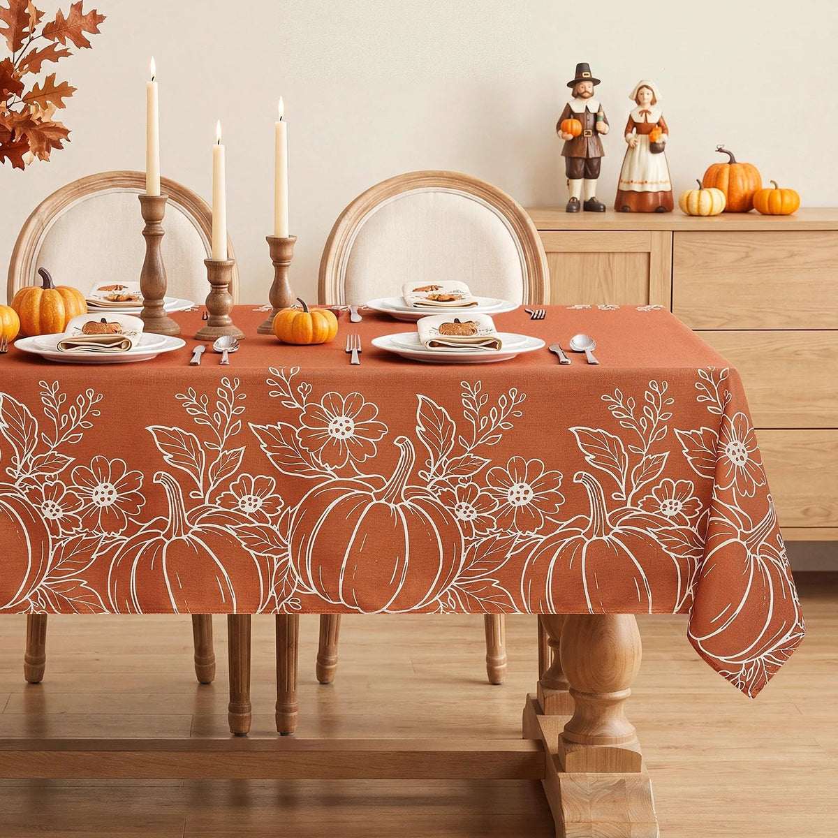 Softalker Faux Linen Round Fall Tablecloth 70 Inch, Autumn Table Cloth with Pumpkin & Maple Leaves, Orange Circle Table Cover Water Resistant for Outdoor, Thanksgiving, Kitchen-Harvest Themed