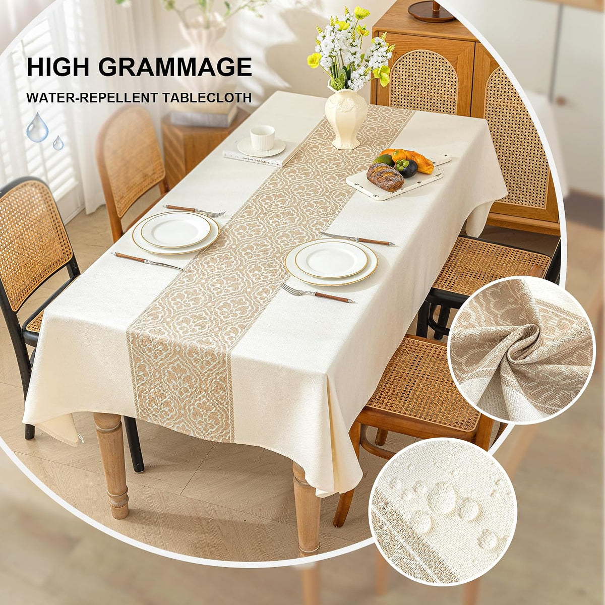 Nordic Beige Rectangular Tablecloth, Premium Drape