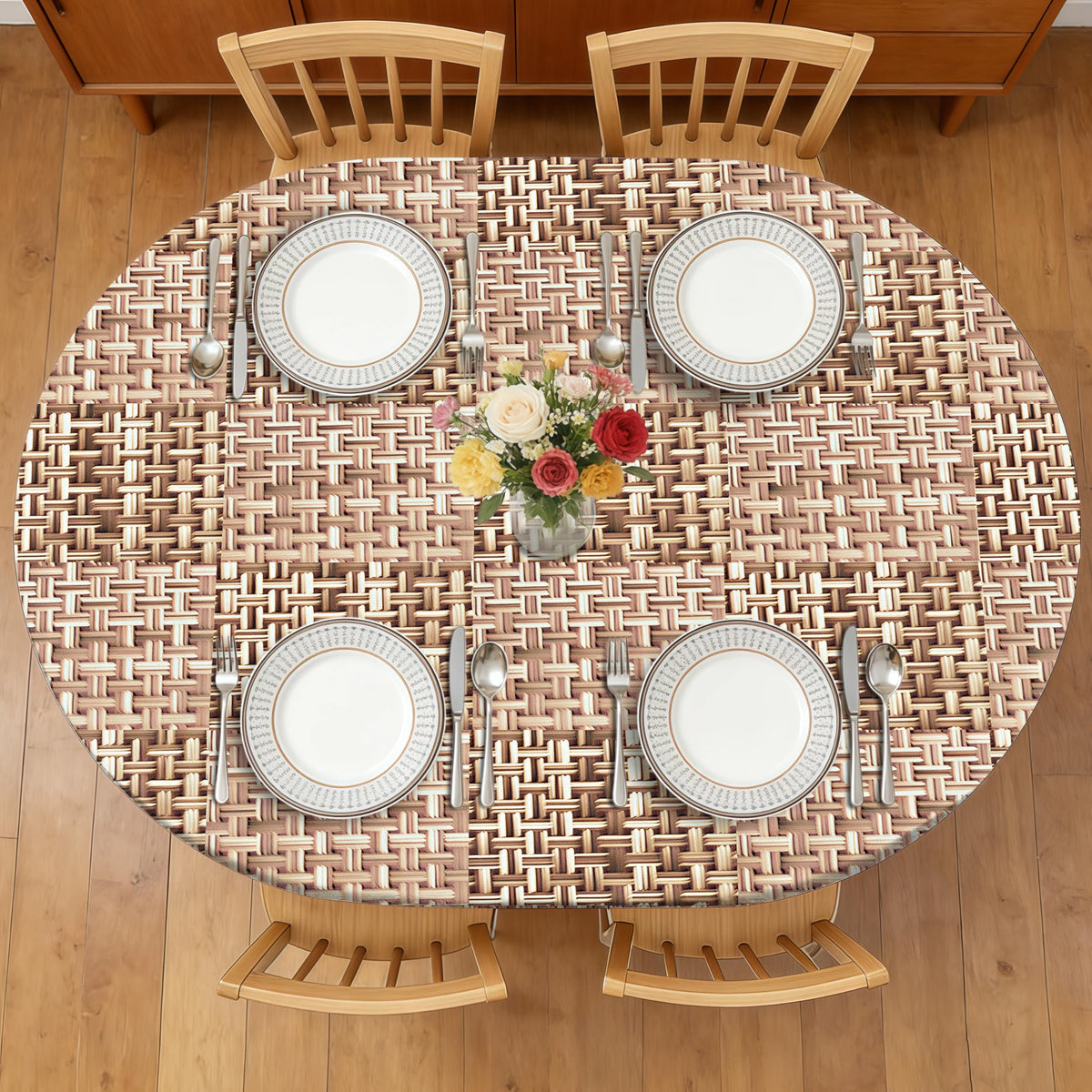 Wood Grain 48 Inch Round Fitted Cloth Tablecloth with Elastic Edged, Waterproof Oil Proof Wipeable Table Cover for Indoor Outdoor Patio Table, Fits Round Tables Up to 46" - 50" Diameter