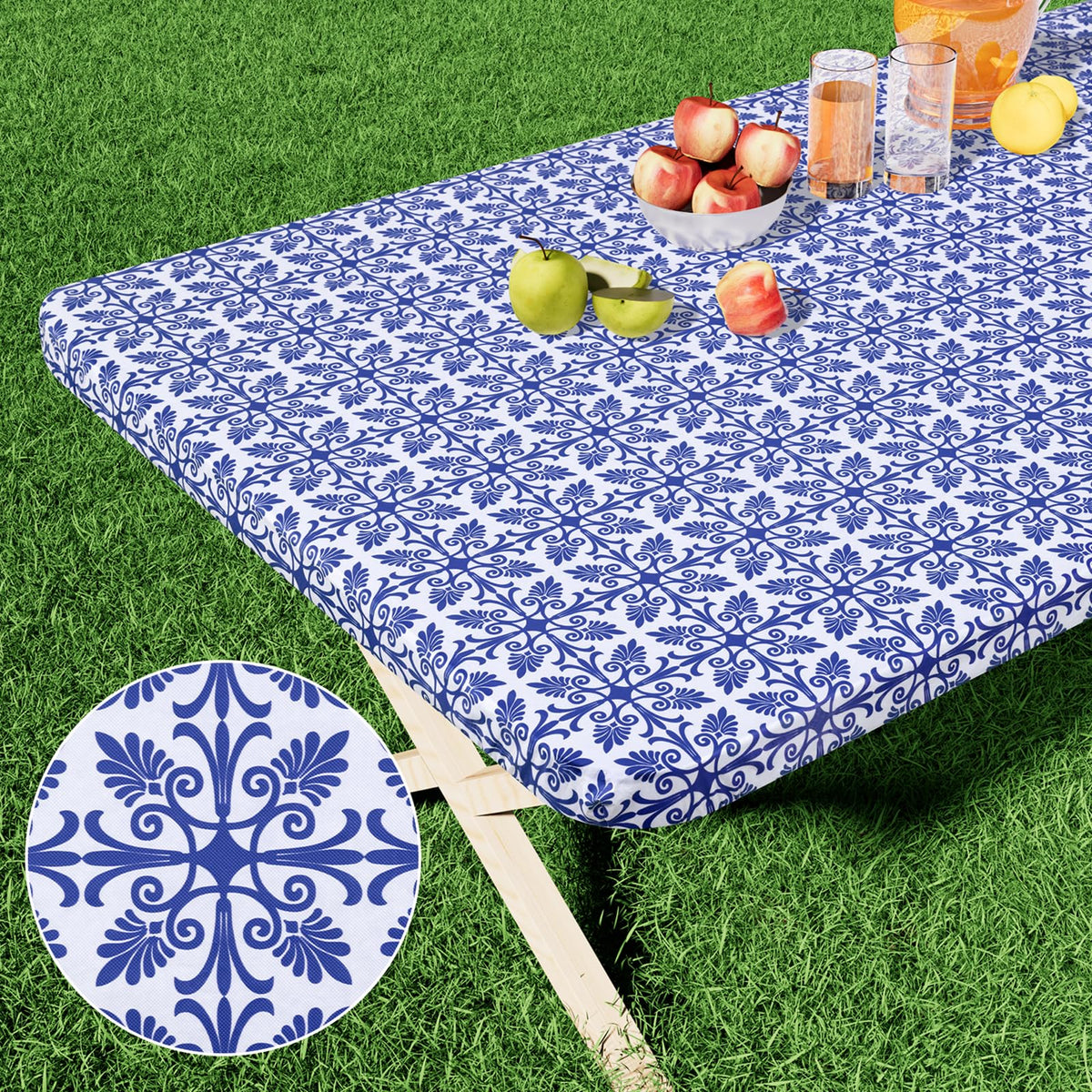 misaya Rectangle Vinyl Table Cloth, Elastic Fitted Flannel Backed Tablecloth, 100% Waterproof Plastic Table Cover Fits 4 Foot Folding Tables for Picnic, Camping, Outdoor (Khaki, 30" x 48")