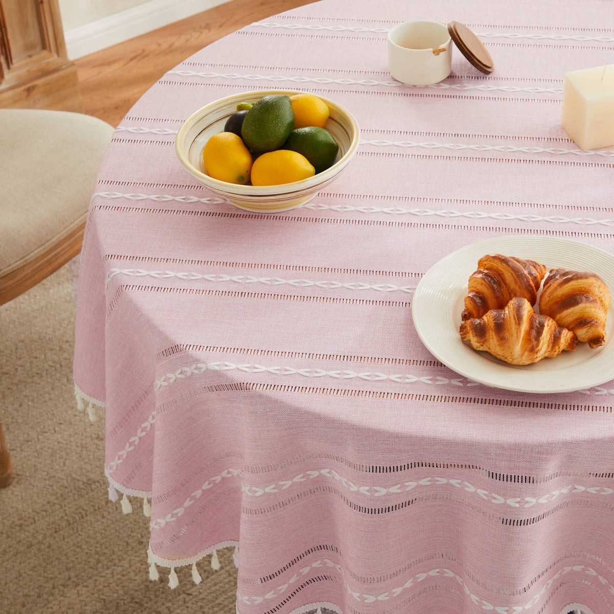 ZeeMart Hemstitched Striped Boho Table Cloth, 54x70 Inch Natural