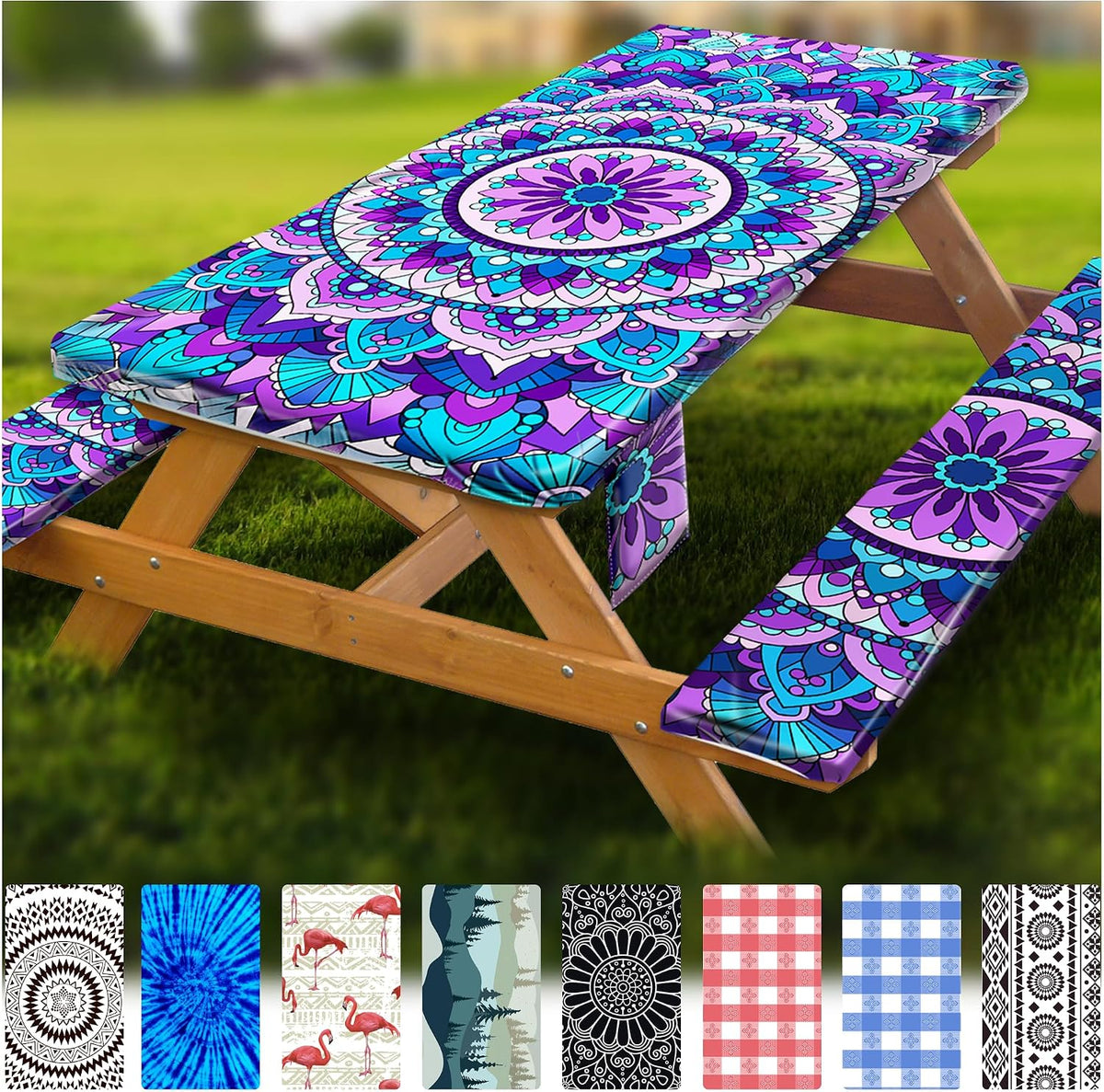 Fitted Picnic Table Cover with Bench Covers Vinyl Waterproof Elastic Edges Fitted Rectangle Tables Patio Tablecloth Camping Gear and Essentials Rv Accessories Road Trip Supplies Car Travel Must Haves