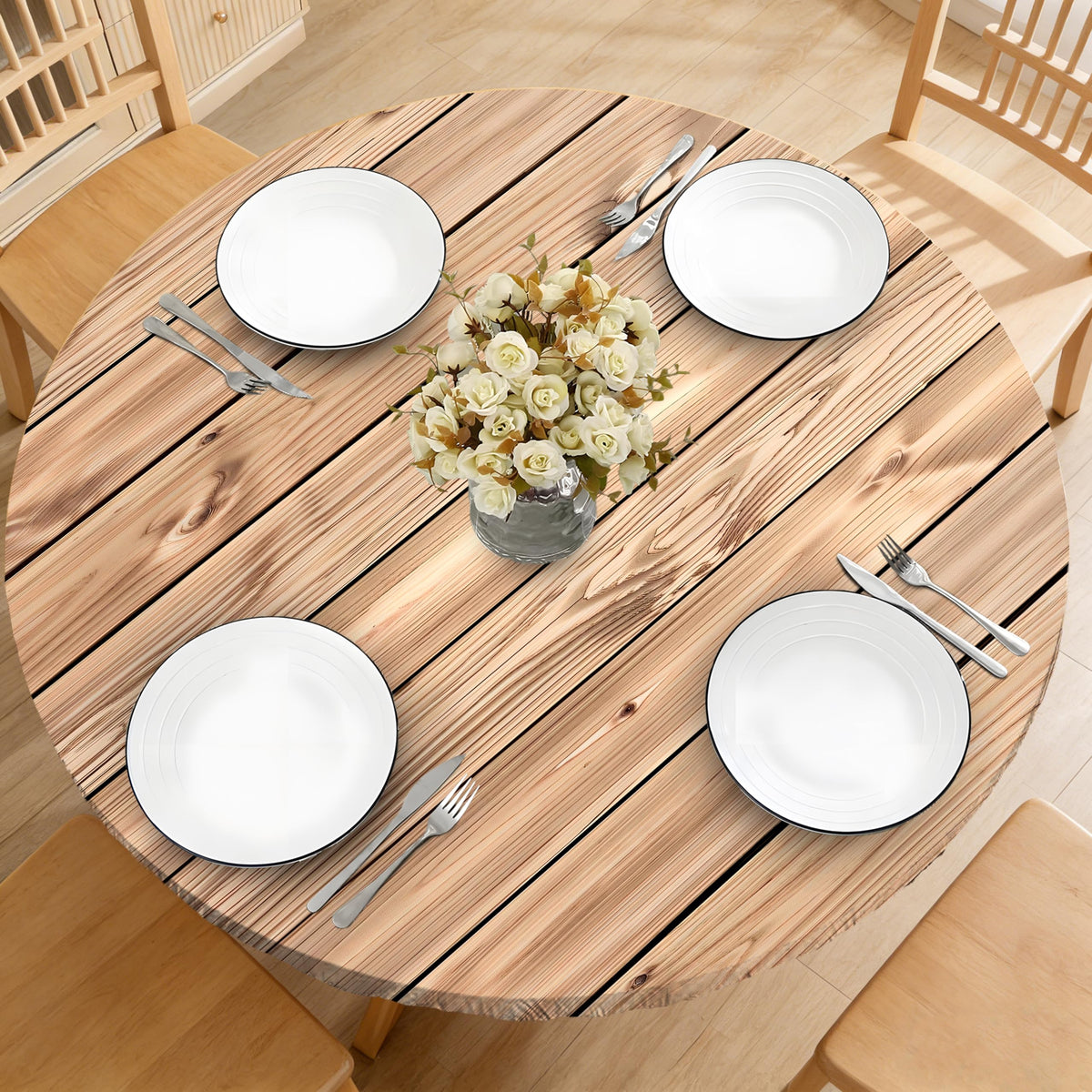 Wood Grain 48 Inch Round Fitted Cloth Tablecloth with Elastic Edged, Waterproof Oil Proof Wipeable Table Cover for Indoor Outdoor Patio Table, Fits Round Tables Up to 46" - 50" Diameter