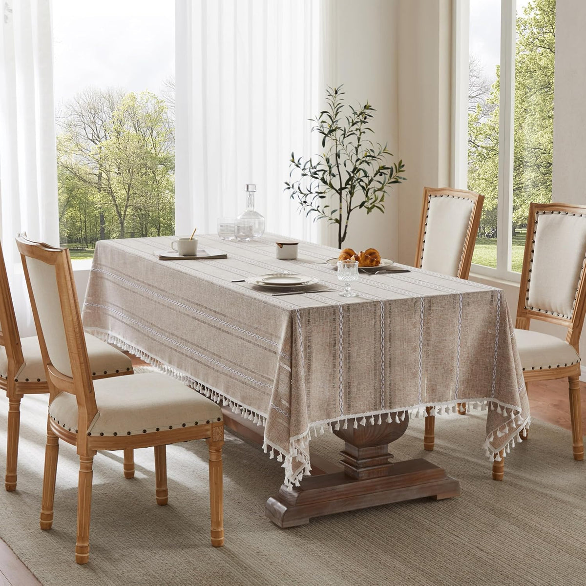 ZeeMart Hemstitched Striped Boho Table Cloth, 54x70 Inch Natural