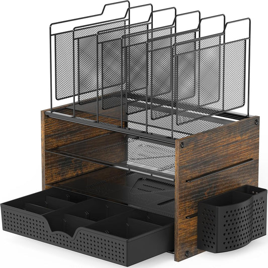 Simple Houseware Mesh Desk Organizer with Wooden Side Board, Rustic Brown