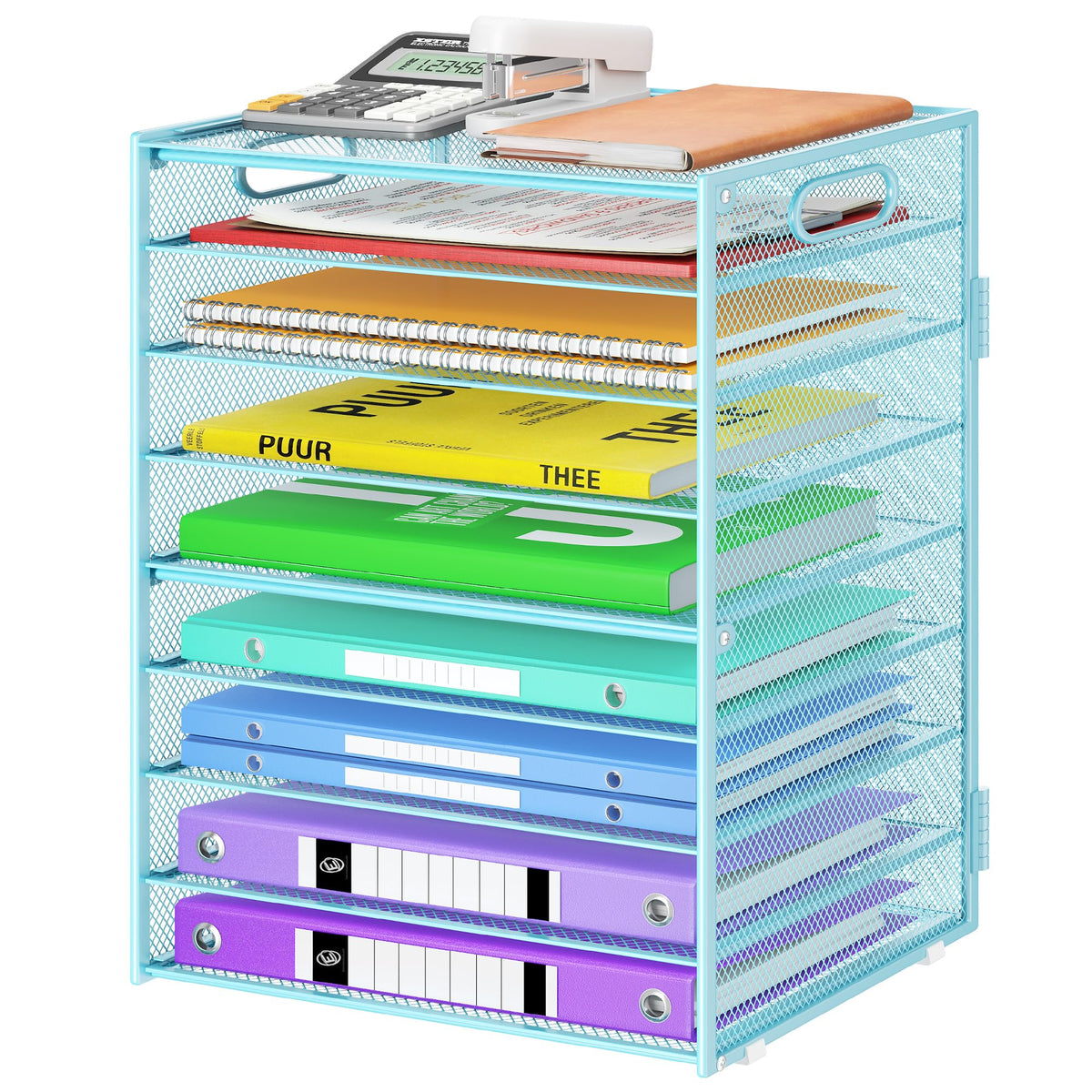 Cawukege 9 Tier Paper Organizer with Handle, Black Large Capacity Desk Organizer Mesh File Folder Letter Paper Tray Desktop Document Sorter for Classroom, School, and Office Accessories Organization