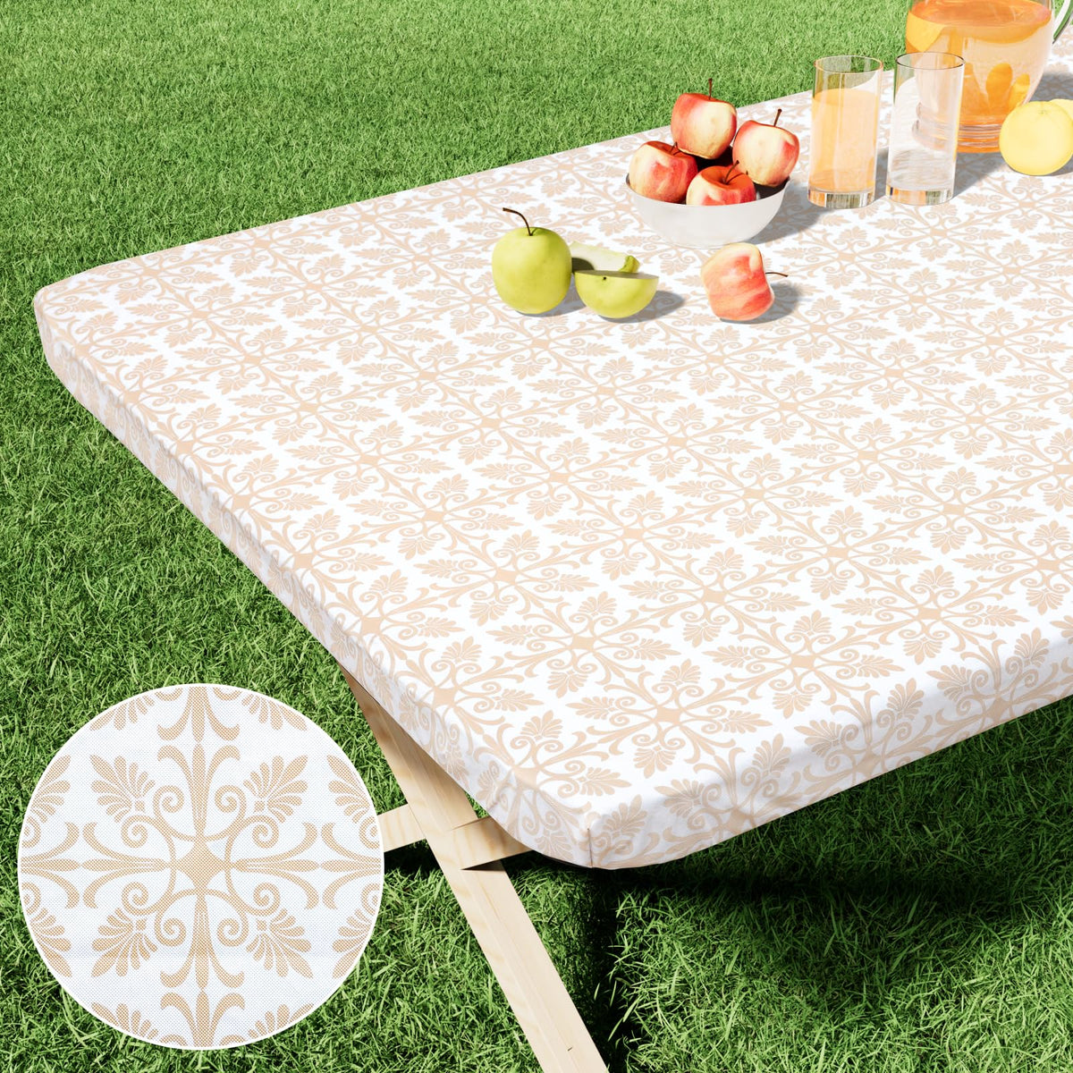 misaya Rectangle Vinyl Table Cloth, Elastic Fitted Flannel Backed Tablecloth, 100% Waterproof Plastic Table Cover Fits 4 Foot Folding Tables for Picnic, Camping, Outdoor (Khaki, 30" x 48")