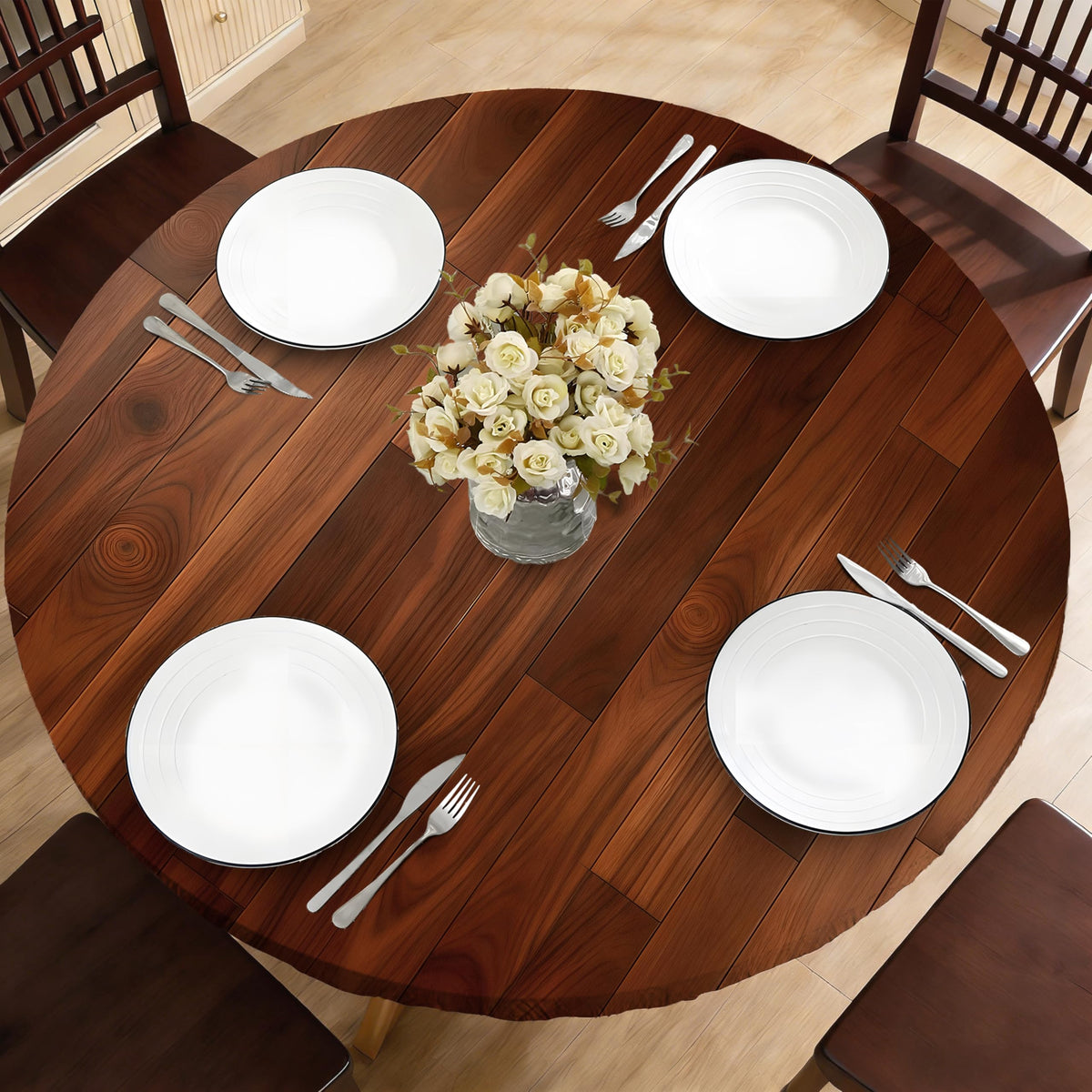 Wood Grain 48 Inch Round Fitted Cloth Tablecloth with Elastic Edged, Waterproof Oil Proof Wipeable Table Cover for Indoor Outdoor Patio Table, Fits Round Tables Up to 46" - 50" Diameter