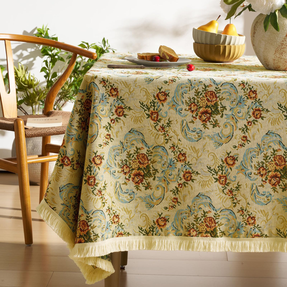 Farmhouse Floral Tablecloths Rectangular Vintage Table Cloth with Tassel