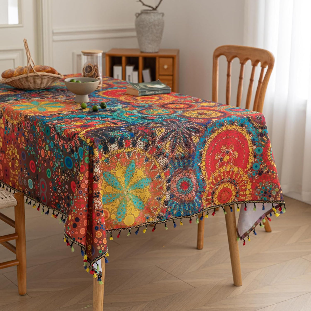 Boho Tablecloth for Square Tables,Fringed Edges with Geometric Pattern Tablecloths,Farmhouse Floral Table Cover Cloth Decorative for Kitchen Dining Room,59"x 59"