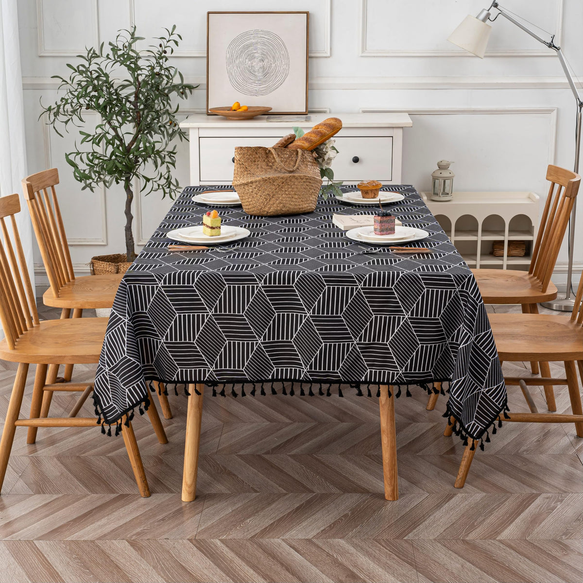 Boho Tablecloth for Square Tables,Fringed Edges with Geometric Pattern Tablecloths,Farmhouse Floral Table Cover Cloth Decorative for Kitchen Dining Room,59"x 59"