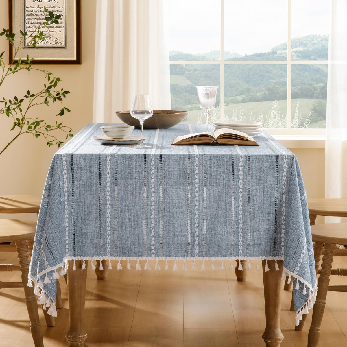 ZeeMart Hemstitched Striped Boho Table Cloth, 54x70 Inch Natural
