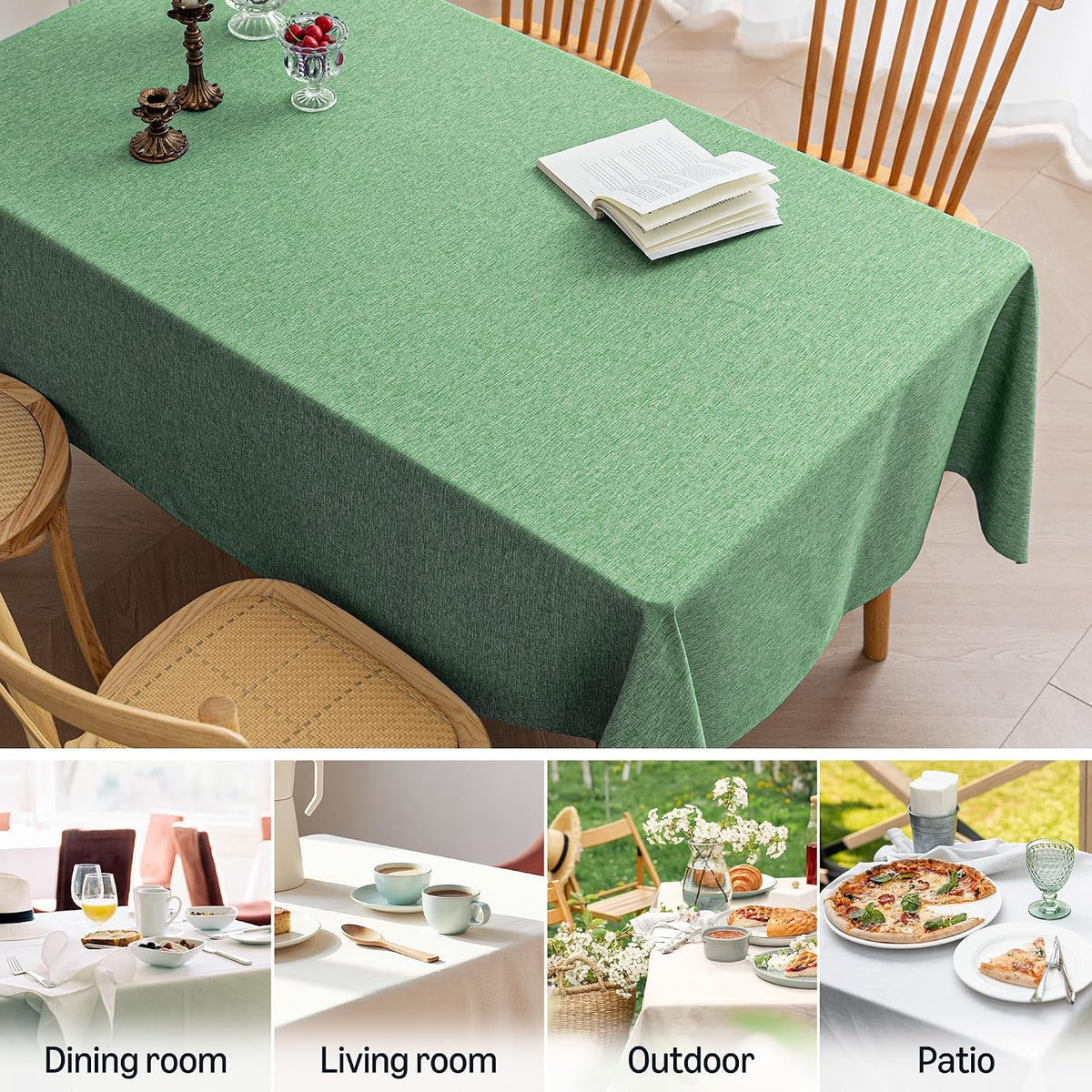 Amazon Basics Rectangle Tablecloth Water-Repellent, Faux Linen Textured Table Cloth Wrinkle Resistant Washable, Decorative Fabric Table Cover for Dining, 52" x 70", Green, Pack of 1