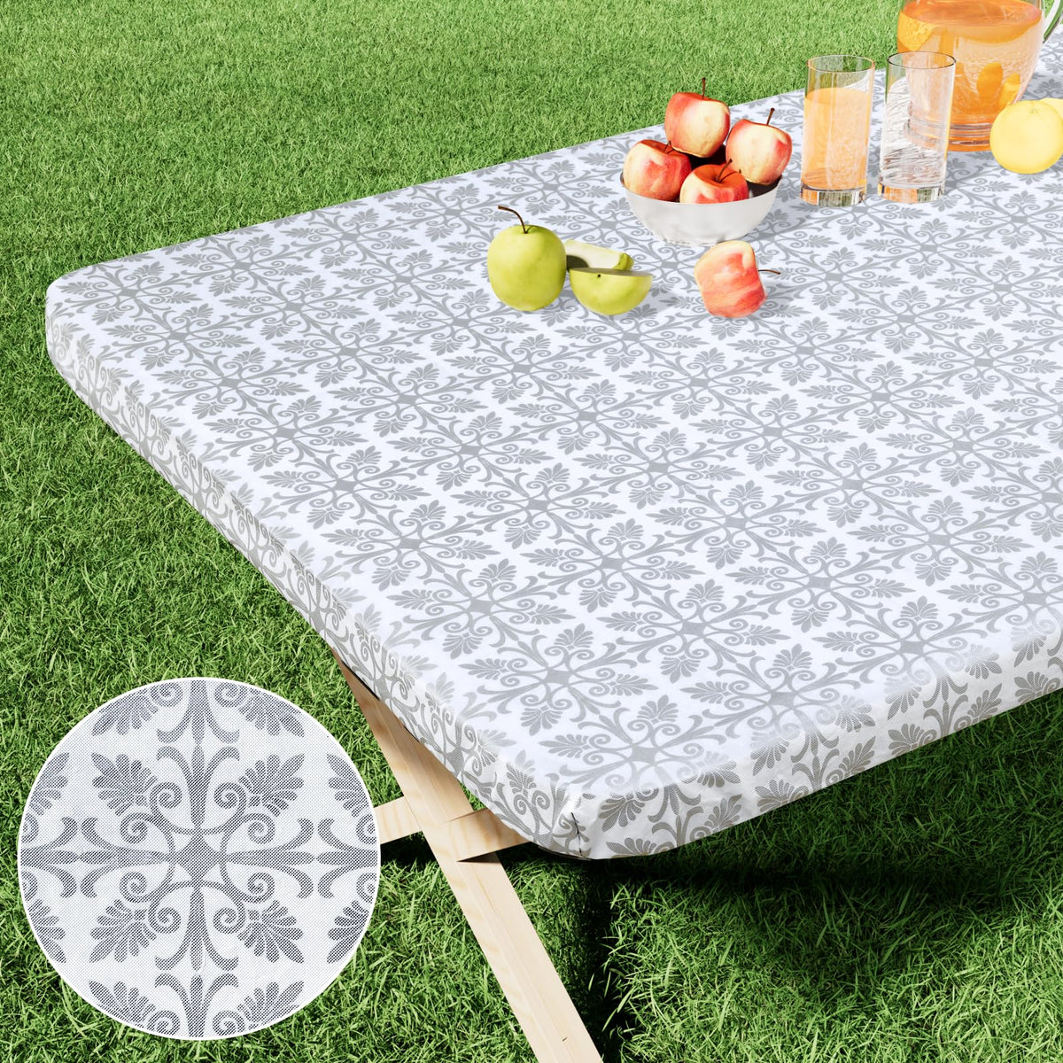 misaya Rectangle Vinyl Table Cloth, Elastic Fitted Flannel Backed Tablecloth, 100% Waterproof Plastic Table Cover Fits 4 Foot Folding Tables for Picnic, Camping, Outdoor (Khaki, 30" x 48")