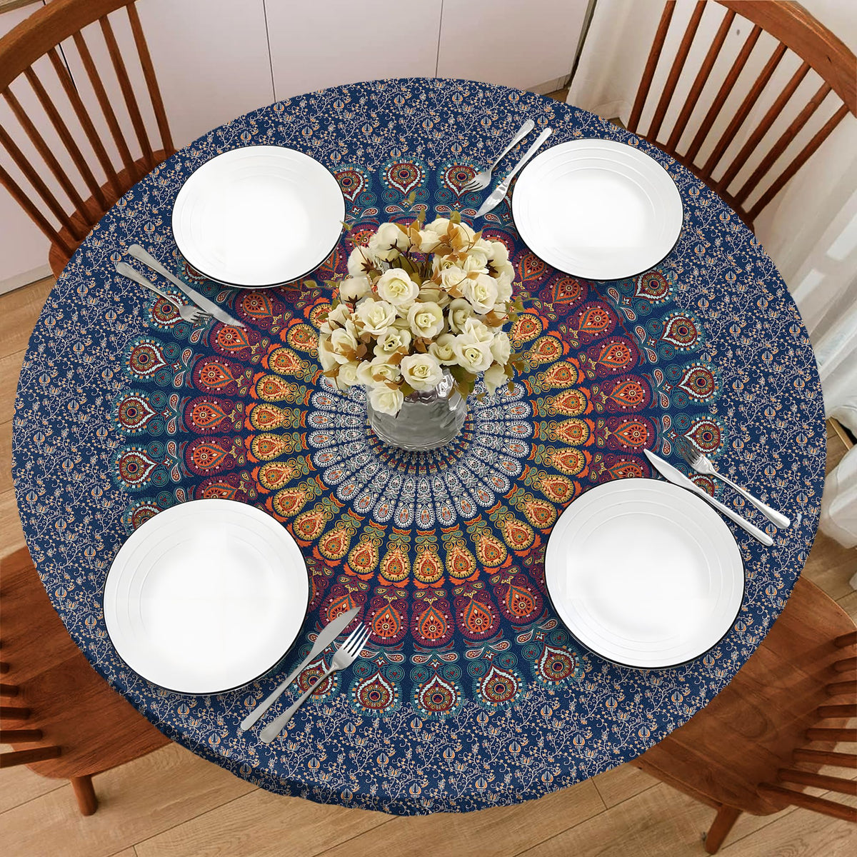 Wood Grain 48 Inch Round Fitted Cloth Tablecloth with Elastic Edged, Waterproof Oil Proof Wipeable Table Cover for Indoor Outdoor Patio Table, Fits Round Tables Up to 46" - 50" Diameter