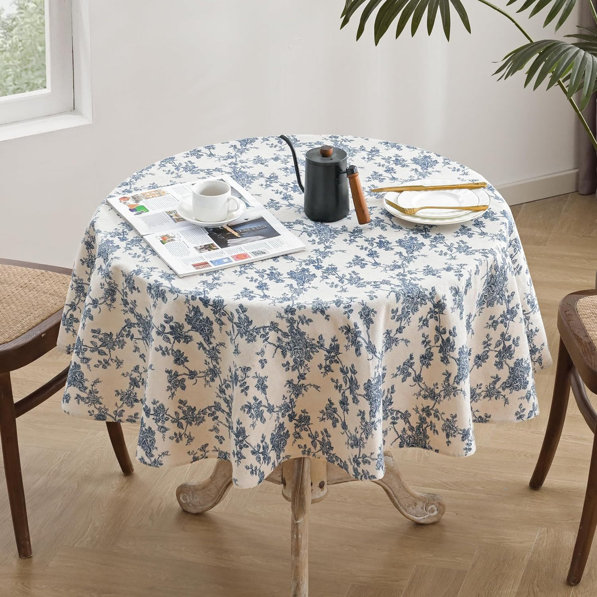 Cotton Linen Round Tablecloth, Blue Floral Table Cloth Round 47"
