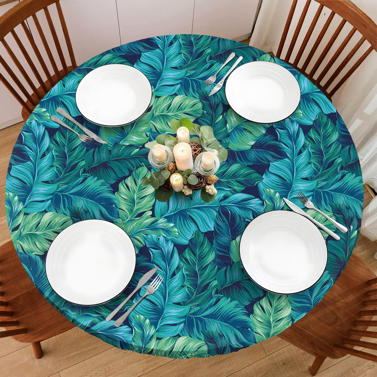 Wood Grain 48 Inch Round Fitted Cloth Tablecloth with Elastic Edged, Waterproof Oil Proof Wipeable Table Cover for Indoor Outdoor Patio Table, Fits Round Tables Up to 46" - 50" Diameter