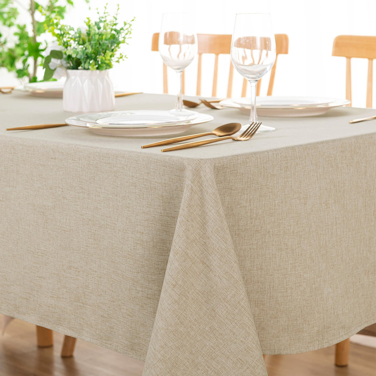 DWCN Rectangle Faux Linen Tablecloth, Table Cover, 52 x 70 Inch, Beige