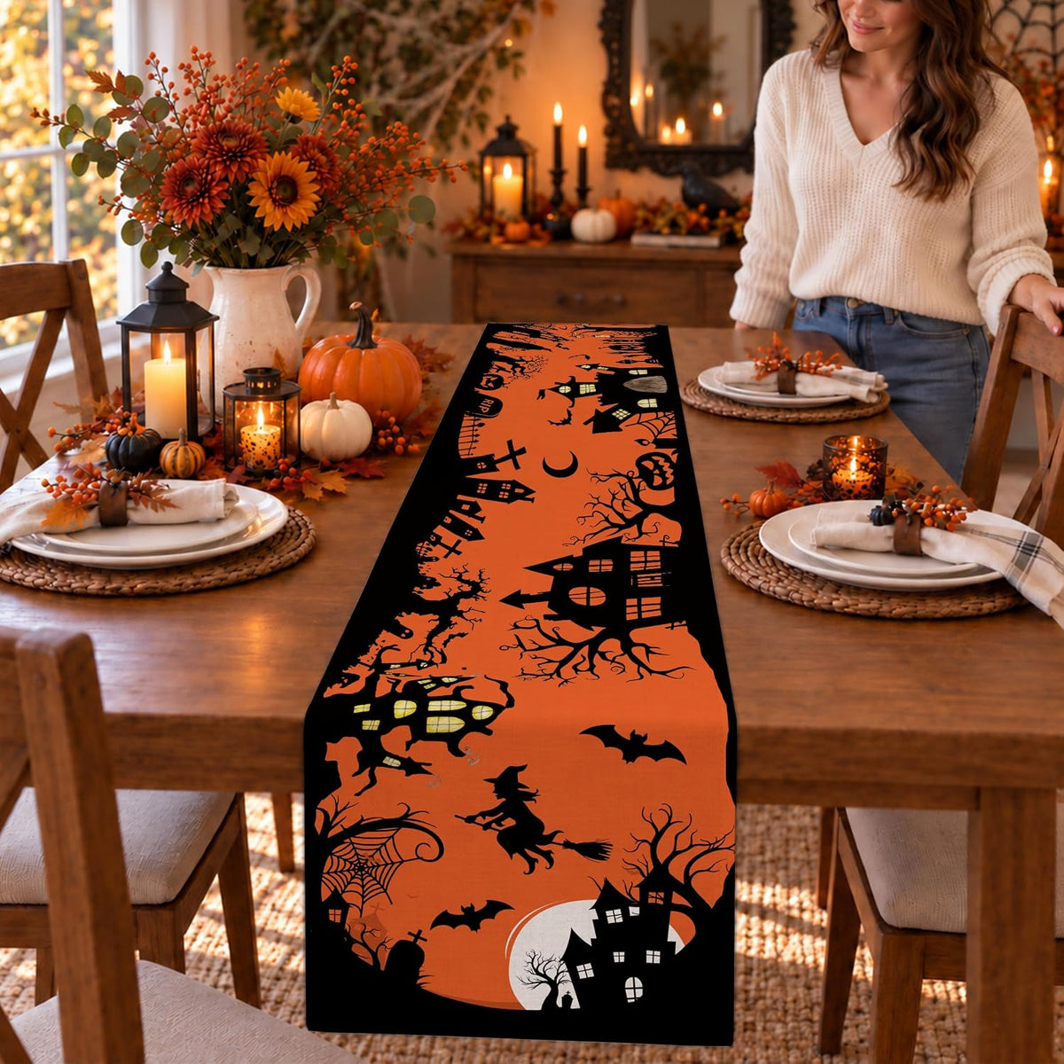 Halloween Spooky Haunted House Dining Table Runner