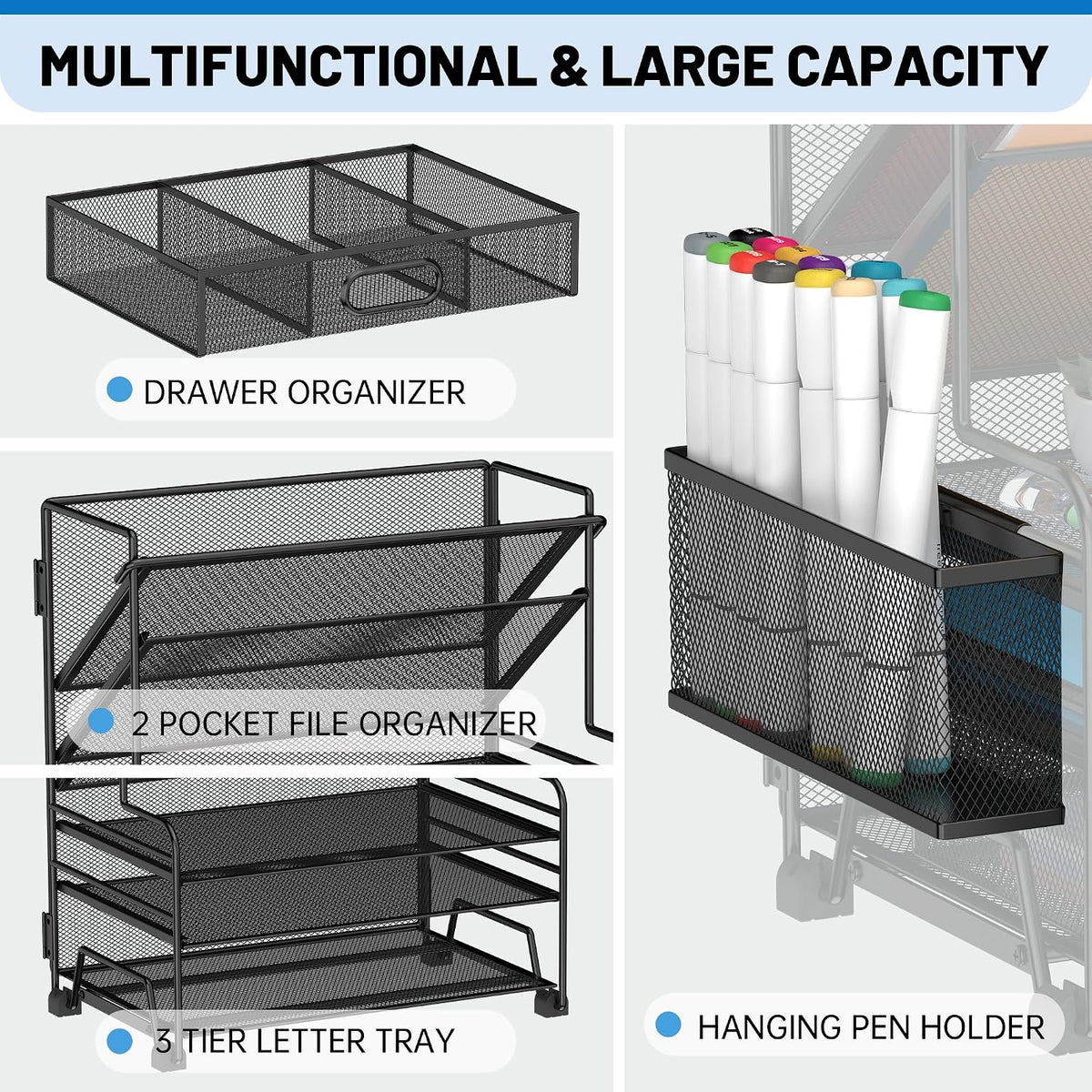 5 Tier Desk Organizer with Drawer & Pen Holders, Desk File Organizer Letter Tray Paper Organizer, Black