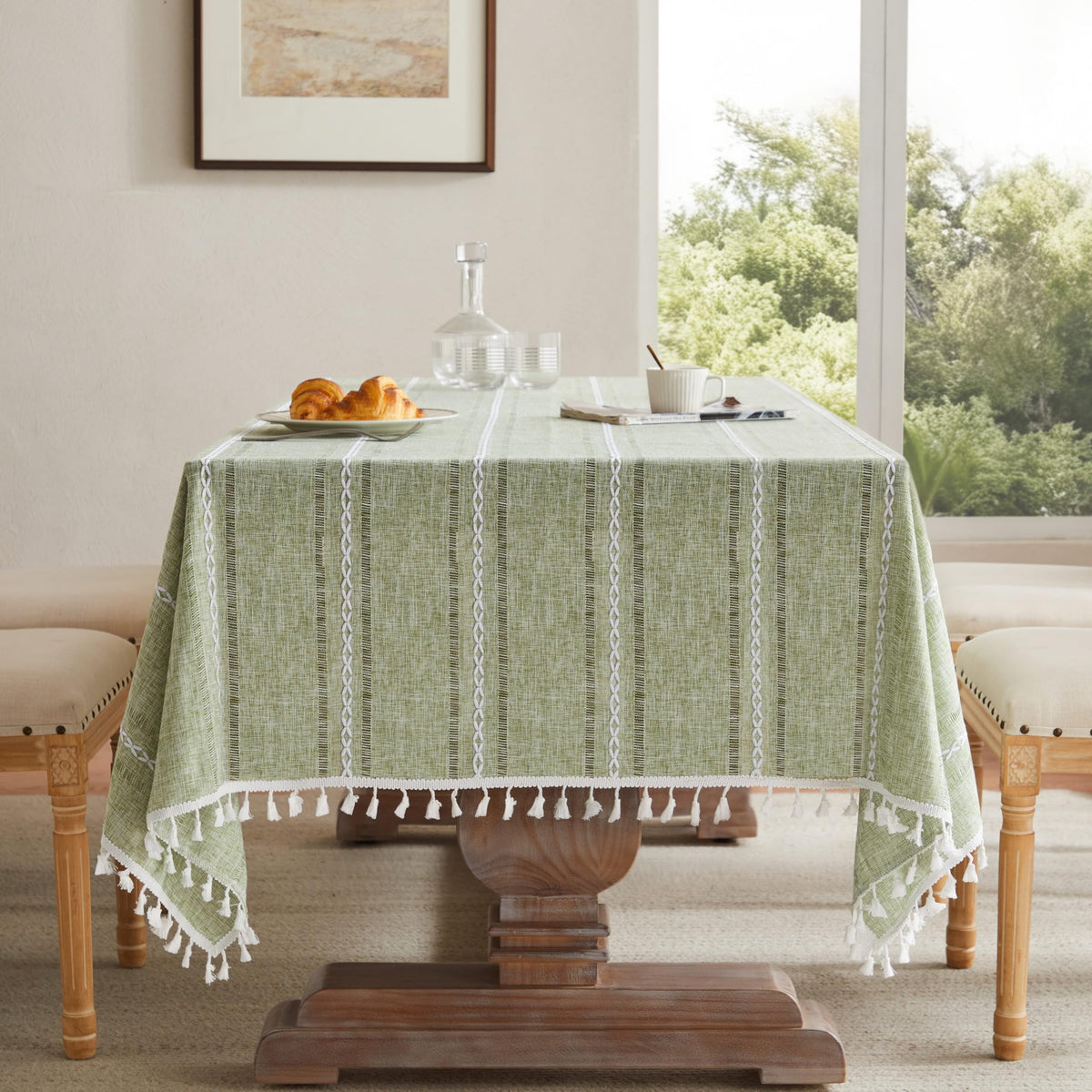 ZeeMart Hemstitched Striped Boho Table Cloth, 54x70 Inch Natural