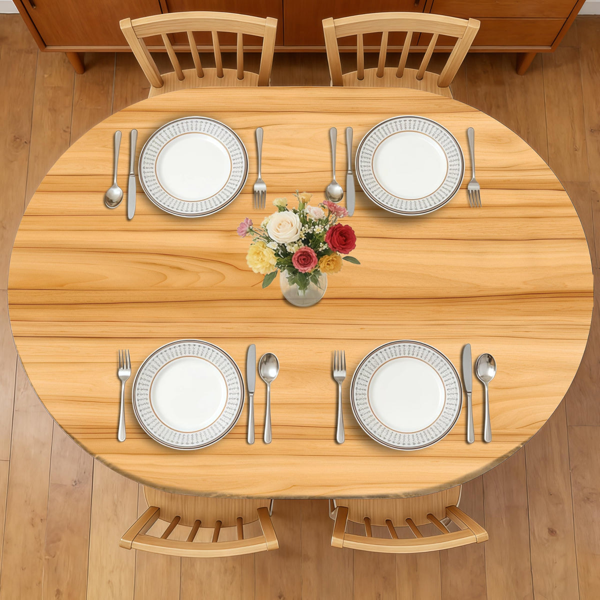 Wood Grain 48 Inch Round Fitted Cloth Tablecloth with Elastic Edged, Waterproof Oil Proof Wipeable Table Cover for Indoor Outdoor Patio Table, Fits Round Tables Up to 46" - 50" Diameter