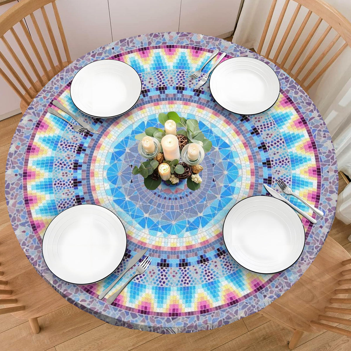 Wood Grain 48 Inch Round Fitted Cloth Tablecloth with Elastic Edged, Waterproof Oil Proof Wipeable Table Cover for Indoor Outdoor Patio Table, Fits Round Tables Up to 46" - 50" Diameter