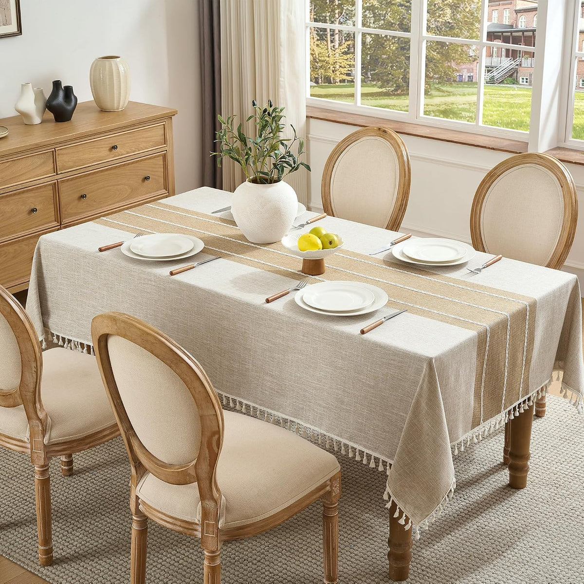 Tablecloth Rectangle Linen Style Fabric, 55 x 90 Coffee Lines