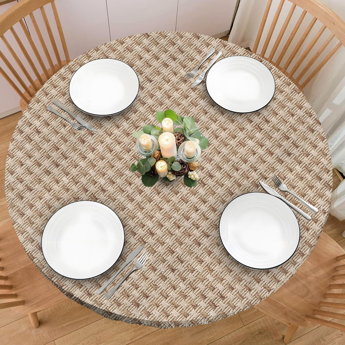Wood Grain 48 Inch Round Fitted Cloth Tablecloth with Elastic Edged, Waterproof Oil Proof Wipeable Table Cover for Indoor Outdoor Patio Table, Fits Round Tables Up to 46" - 50" Diameter