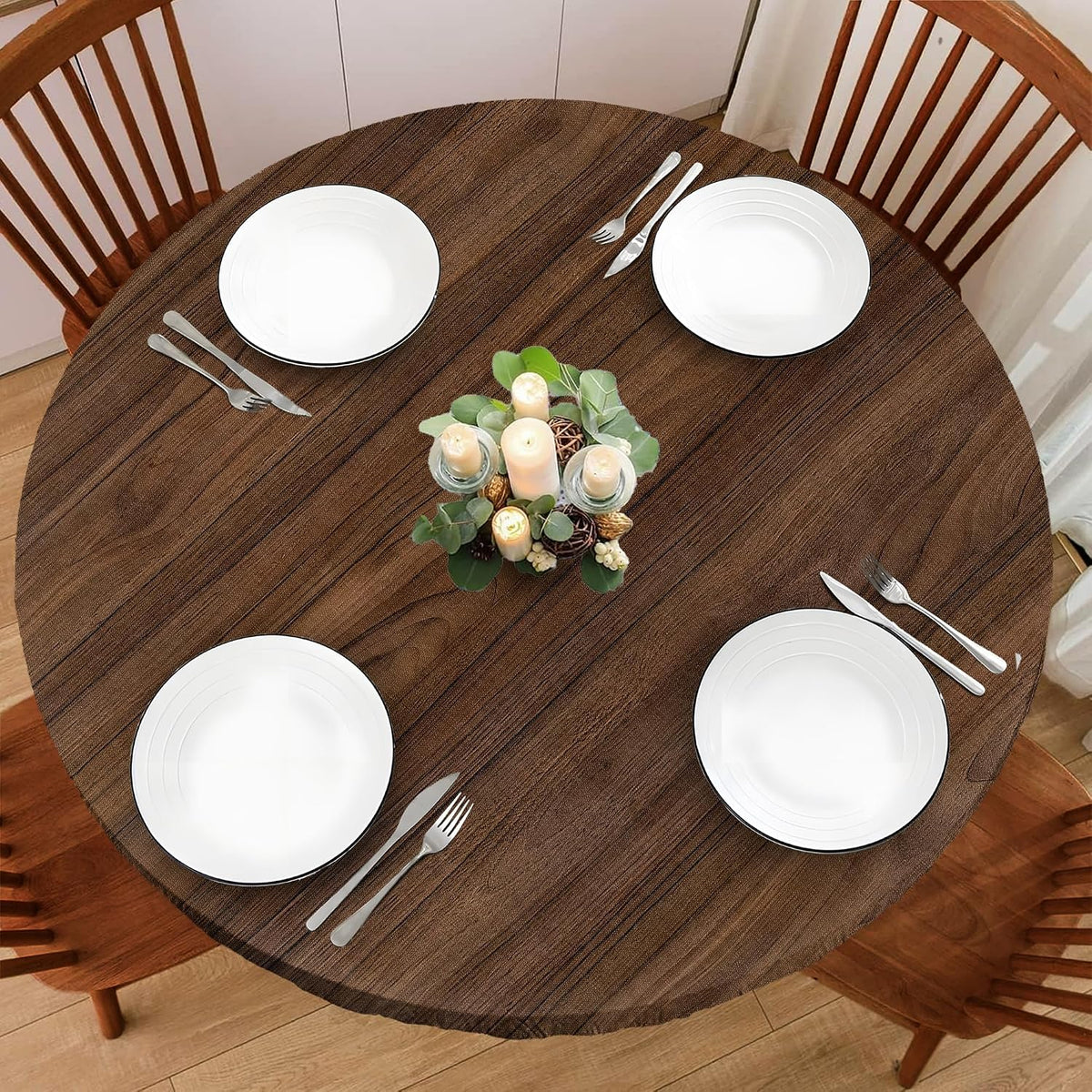 Wood Grain 48 Inch Round Fitted Cloth Tablecloth with Elastic Edged, Waterproof Oil Proof Wipeable Table Cover for Indoor Outdoor Patio Table, Fits Round Tables Up to 46" - 50" Diameter