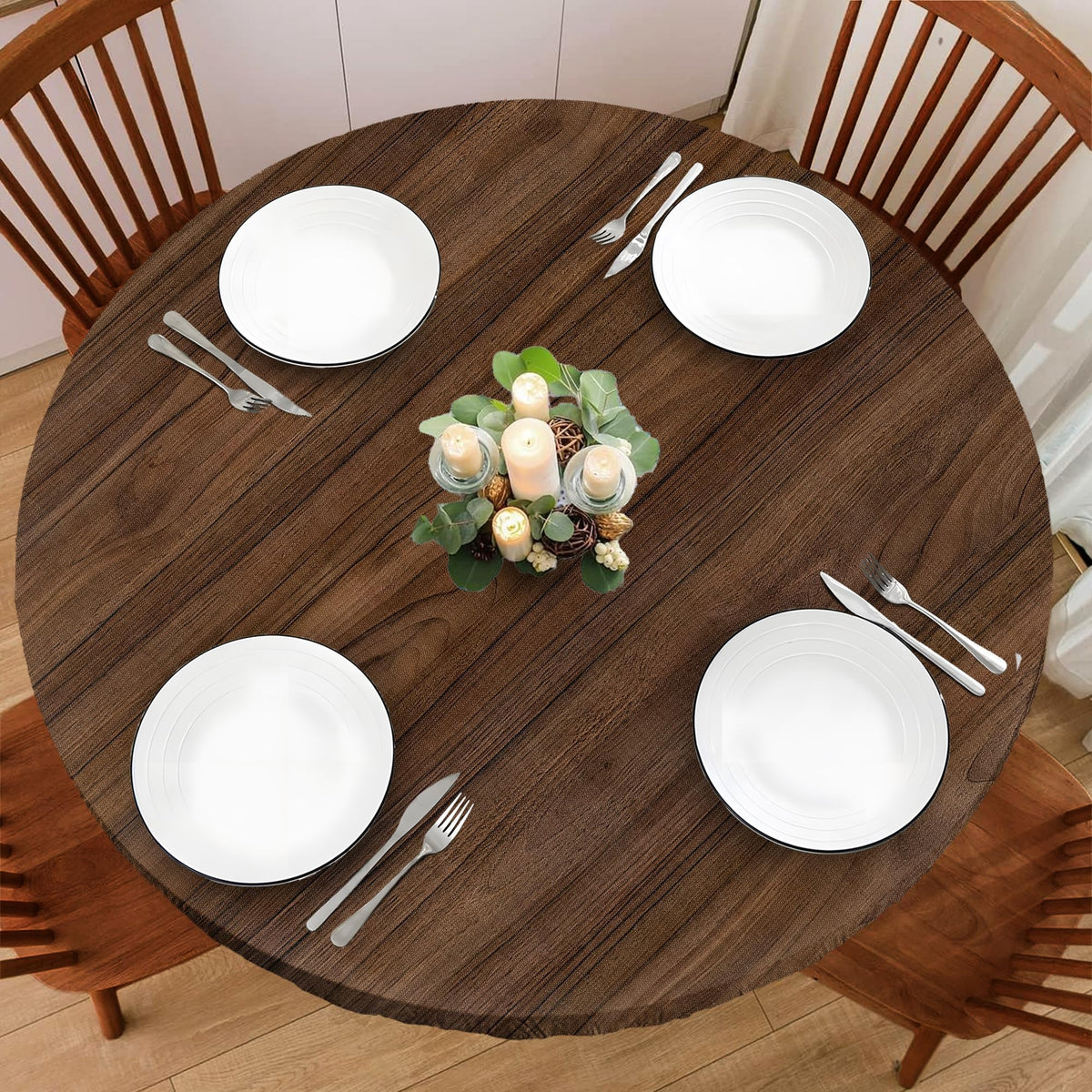 Wood Grain 48 Inch Round Fitted Cloth Tablecloth with Elastic Edged, Waterproof Oil Proof Wipeable Table Cover for Indoor Outdoor Patio Table, Fits Round Tables Up to 46" - 50" Diameter