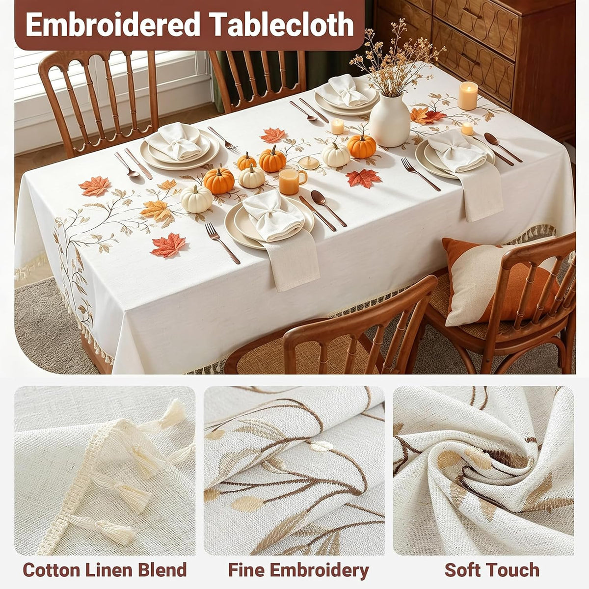 Laolitou Cotton Linen Waterproof Table Cloth for Dining Table Farmhouse Kitchen Rectangle Tablecloth Coffee Wrinkle Free Tables Cover, Beige, Coffee Flower, 55x70 Inch